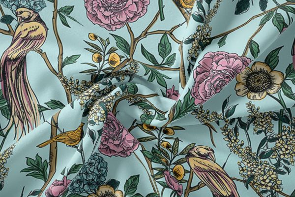 MAGIC FLOWERS   exotic mint - dizajnová látka bavlnený satén