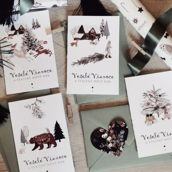 Set 4 vianočných pozdravov s obálkami NA DEDINE